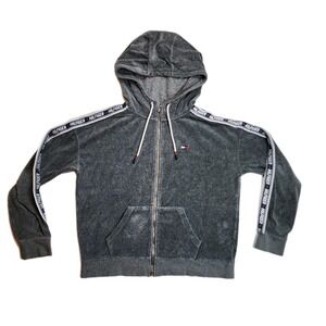 Tommy Hilfiger Womens Velour Full Zip Hoodie Large Gray Logo Tape Sleeves
